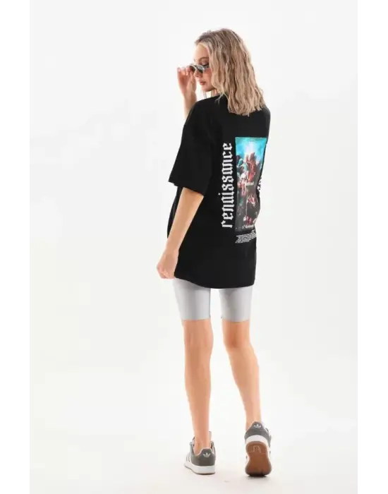 Omarı Şık Baskılı Oversize T-Shirt - Siyah