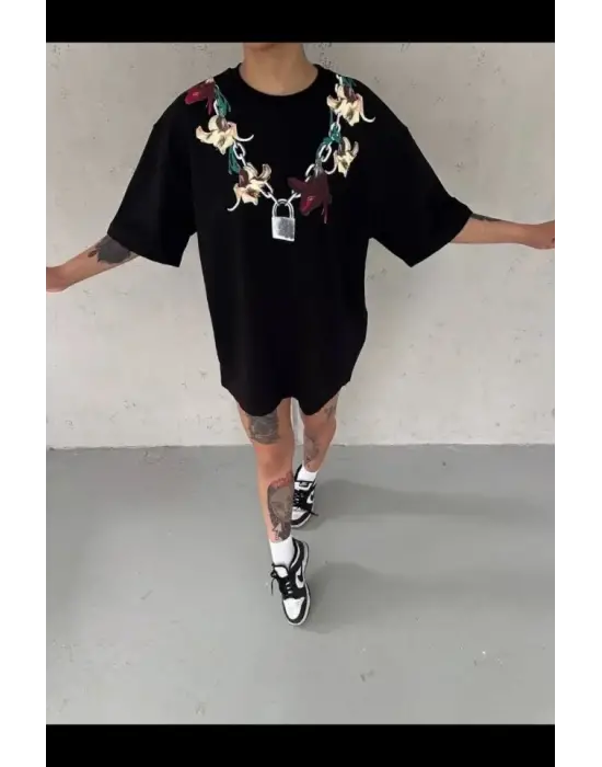 Baskılı T-Shirt Kısa Kol Bisiklet Yaka Regular Rahat Kalıp Günlük Tişört - Siyah