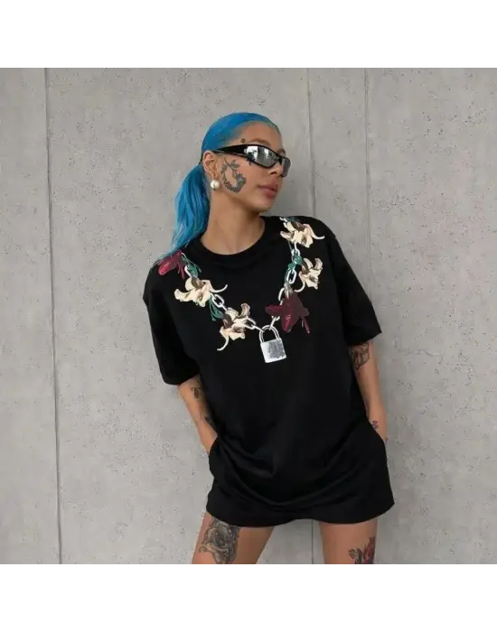 Baskılı T-Shirt Kısa Kol Bisiklet Yaka Regular Rahat Kalıp Günlük Tişört - Siyah