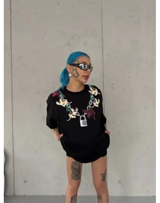 Baskılı T-Shirt Kısa Kol Bisiklet Yaka Regular Rahat Kalıp Günlük Tişört - Siyah