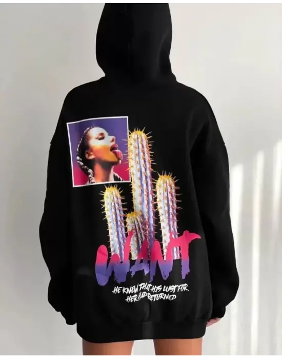 Siyah Baskılı Üç İplik Kapüşonlu Sweatshirt