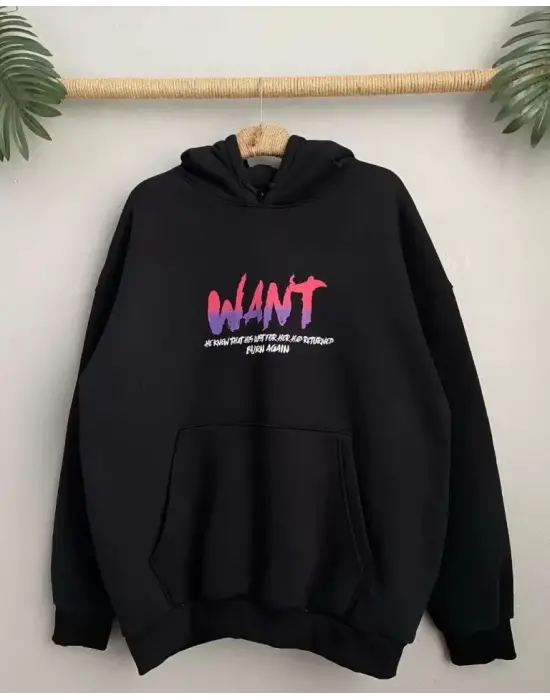 Siyah Baskılı Üç İplik Kapüşonlu Sweatshirt