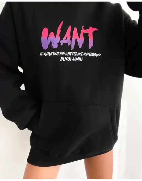 Omarı Oversize Siyah Kapüşonlu Sweatshirt