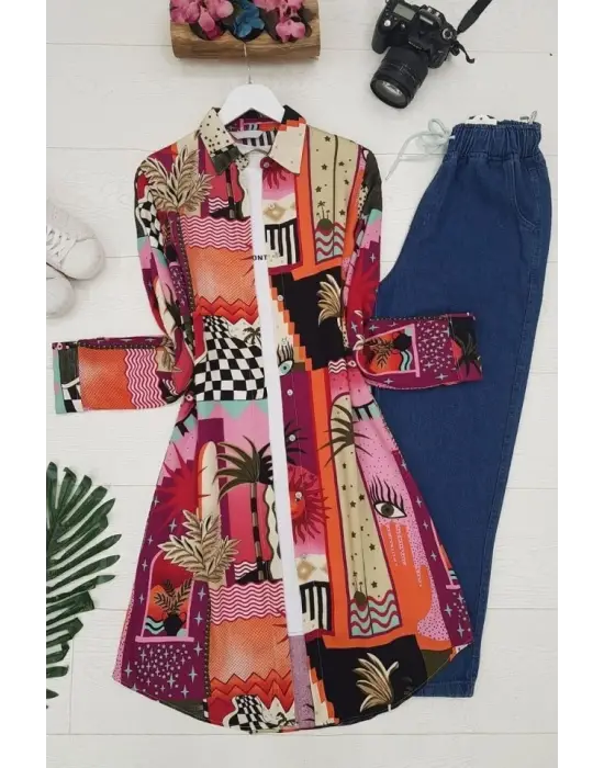 Baskılı Uzun Tunik -Turuncu