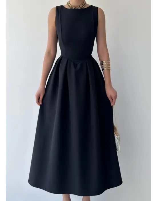 Omarı Zarif Siyah Midi Elbise