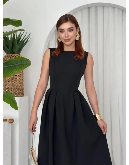 Omarı Zarif Siyah Midi Elbise