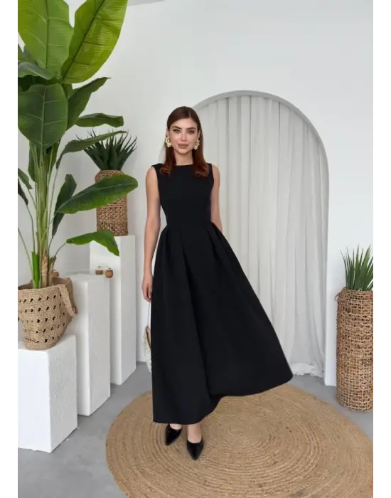 Omarı Zarif Siyah Midi Elbise