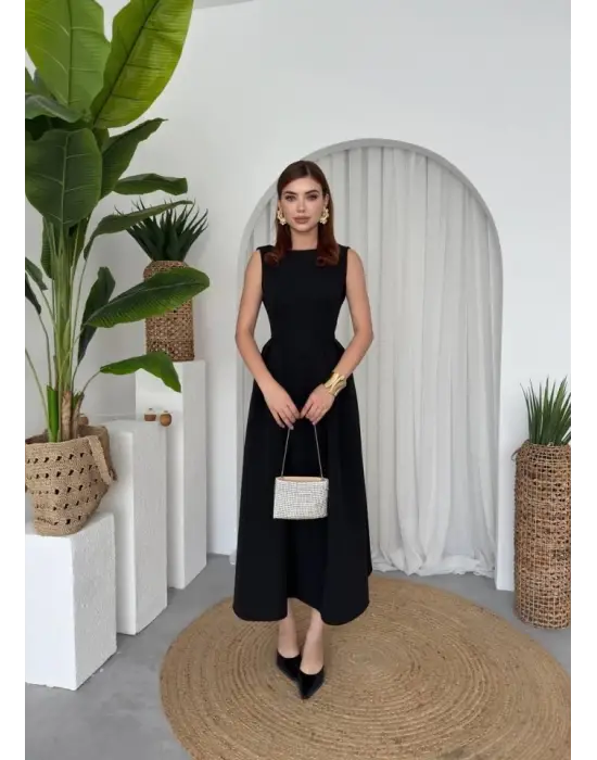 Omarı Zarif Siyah Midi Elbise