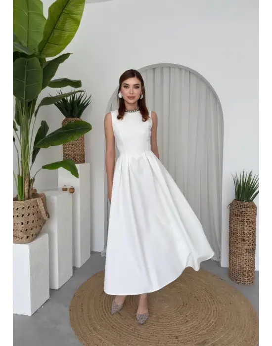 Omarı İnce Bel Detaylı Midi Elbise