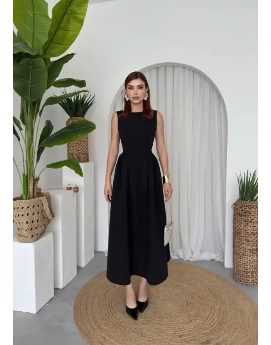 Omarı Zarif Siyah Midi Elbise