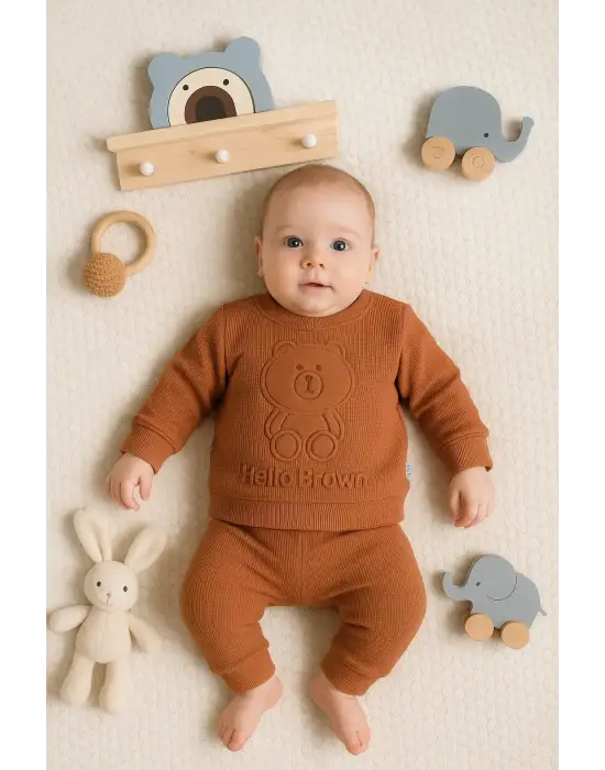 Bear Gofre Kabartmalı 2li Erkek Bebek Takımı