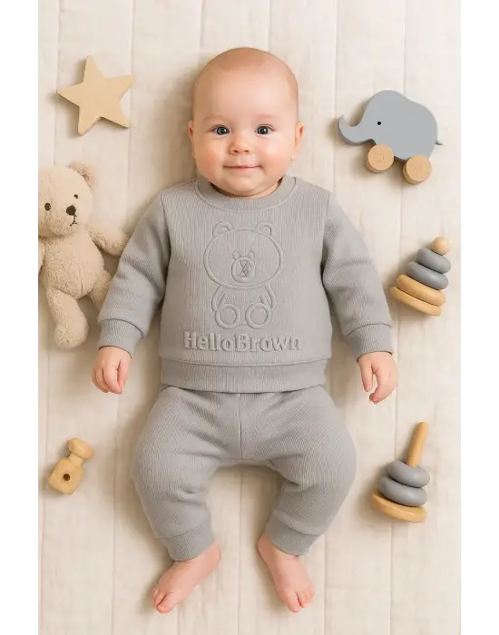 Bear Gofre Kabartmalı 2li Erkek Bebek Takımı