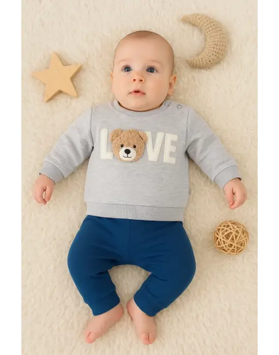 Bear Love Nakışlı % 100 Pamuklu 2li Erkek Takım