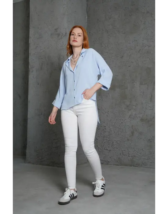 Omarı Şık Detaylı Bebe Mavi Gömlek