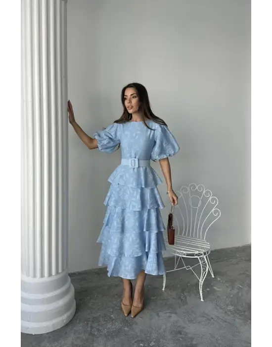 Bebe Mavi Kat Kat Balon Kollu Kemerli Elbise