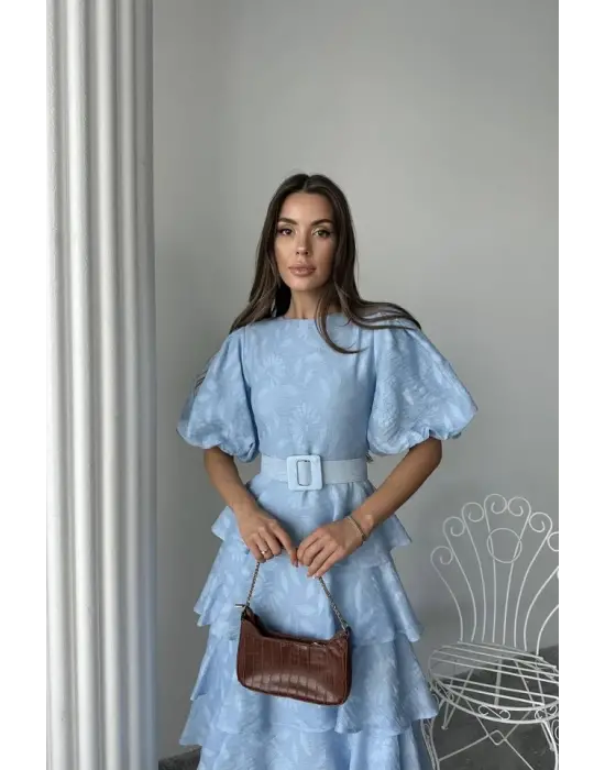 Bebe Mavi Kat Kat Balon Kollu Kemerli Elbise