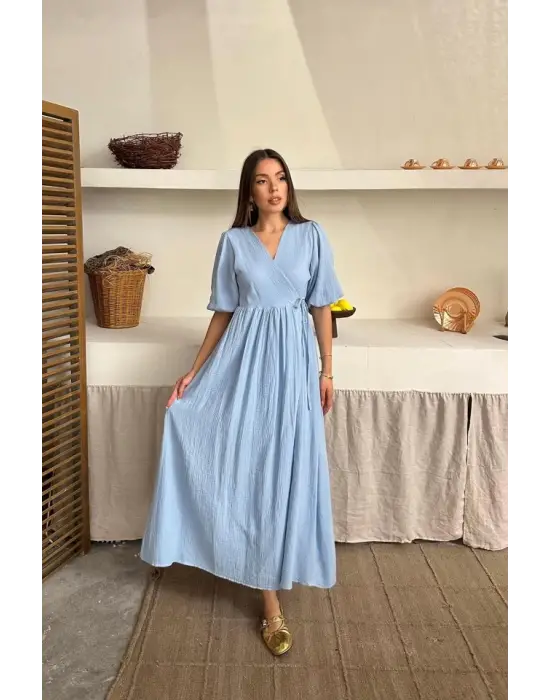 Omarı Mavi Müslin Uzun Elbise