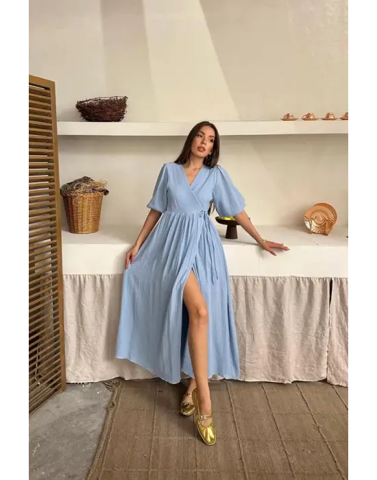 Omarı Mavi Müslin Uzun Elbise