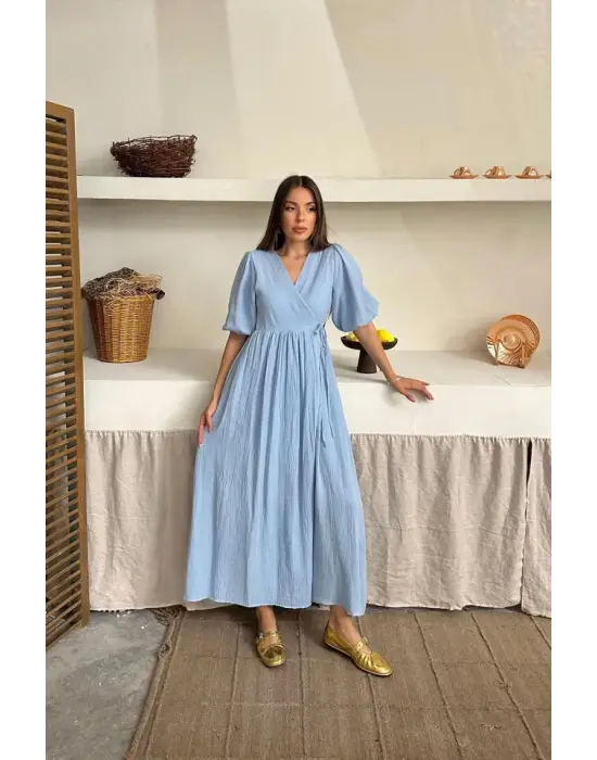 Omarı Mavi Müslin Uzun Elbise