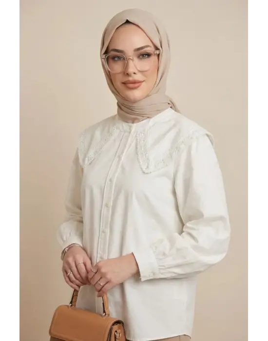 Bebe Yaka Dantel Detaylı Düğmeli Poplin Gömlek  -Ekru