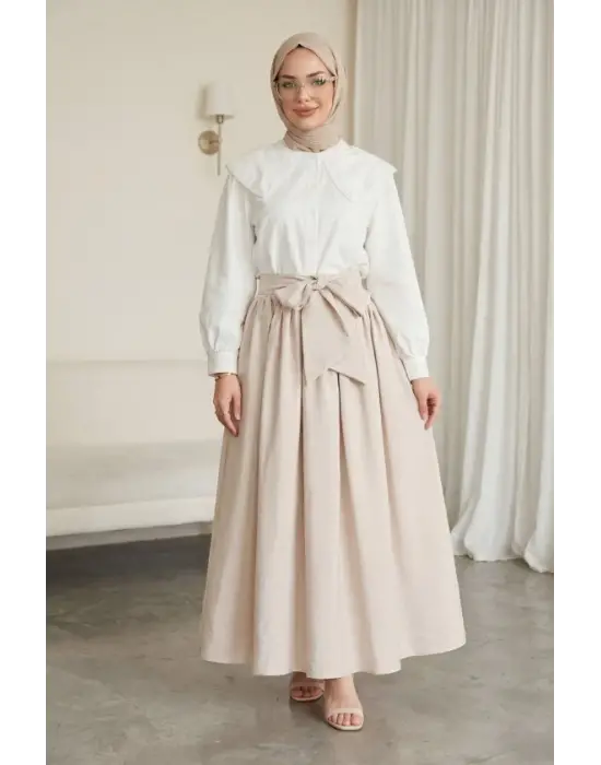 Bebe Yaka Dantel Detaylı Düğmeli Poplin Gömlek  -Ekru