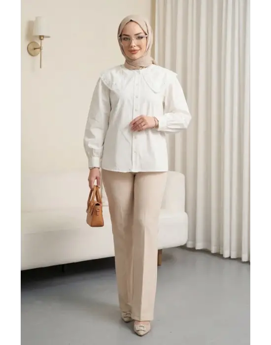 Bebe Yaka Dantel Detaylı Düğmeli Poplin Gömlek  -Ekru