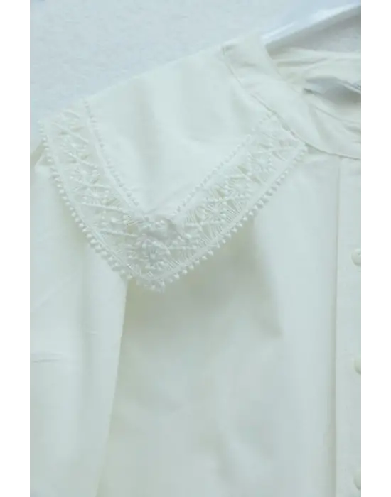 Bebe Yaka Dantel Detaylı Düğmeli Poplin Gömlek  -Ekru
