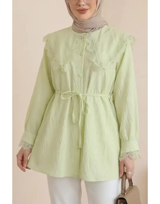 Bebe Yaka Fistolu Beli Bağcıklı Modal Tunik  -Açık Sarı