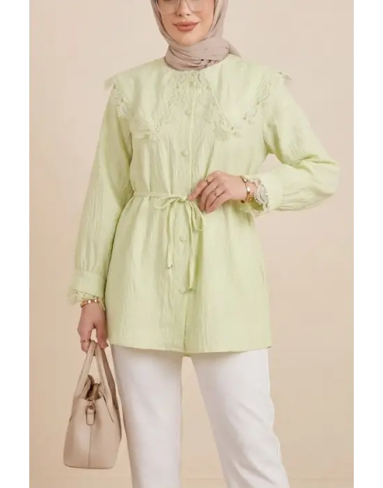Bebe Yaka Fistolu Beli Bağcıklı Modal Tunik  -Açık Sarı