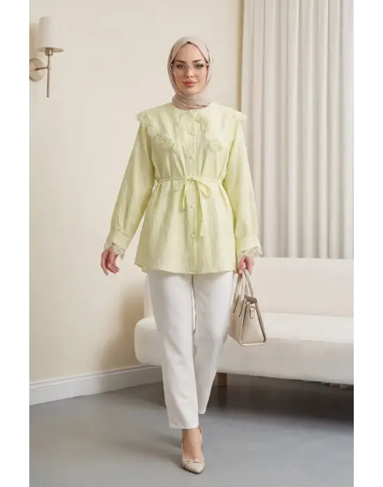 Bebe Yaka Fistolu Beli Bağcıklı Modal Tunik  -Açık Sarı