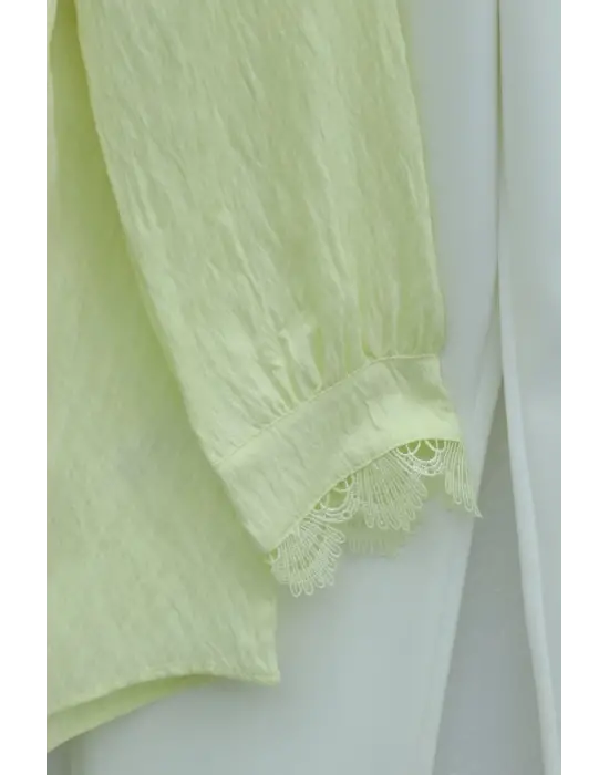 Bebe Yaka Fistolu Beli Bağcıklı Modal Tunik  -Açık Sarı