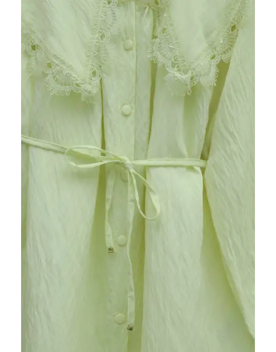 Bebe Yaka Fistolu Beli Bağcıklı Modal Tunik  -Açık Sarı