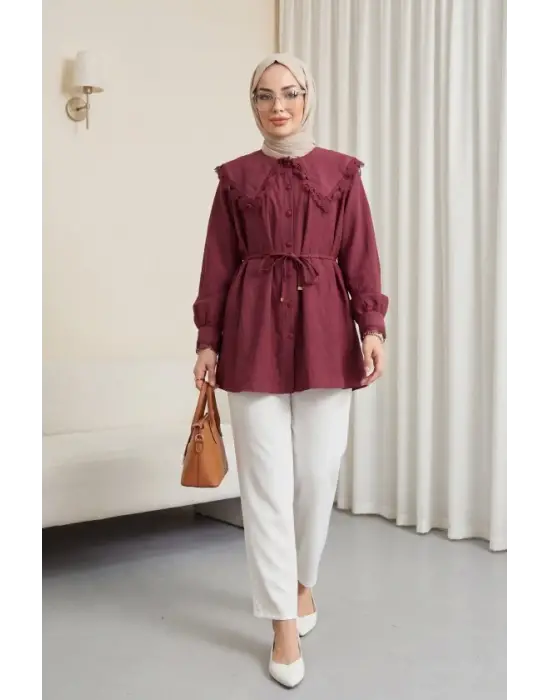 Bebe Yaka Fistolu Beli Bağcıklı Modal Tunik   -Bordo