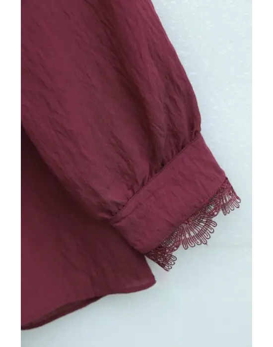 Bebe Yaka Fistolu Beli Bağcıklı Modal Tunik   -Bordo