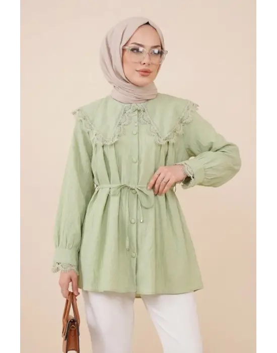 Bebe Yaka Fistolu Beli Bağcıklı Modal Tunik  -Çağla Y.