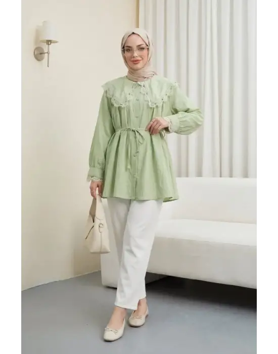 Bebe Yaka Fistolu Beli Bağcıklı Modal Tunik  -Çağla Y.