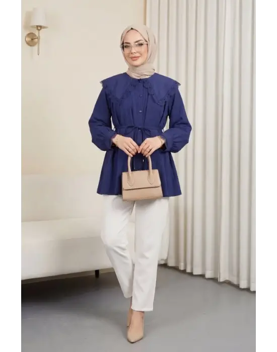 Bebe Yaka Fistolu Beli Bağcıklı Modal Tunik  -Laci