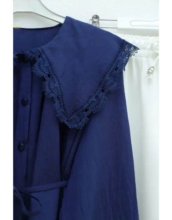 Bebe Yaka Fistolu Beli Bağcıklı Modal Tunik  -Laci