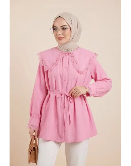 Bebe Yaka Fistolu Beli Bağcıklı Modal Tunik -Pembe