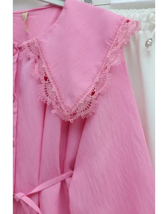 Bebe Yaka Fistolu Beli Bağcıklı Modal Tunik -Pembe