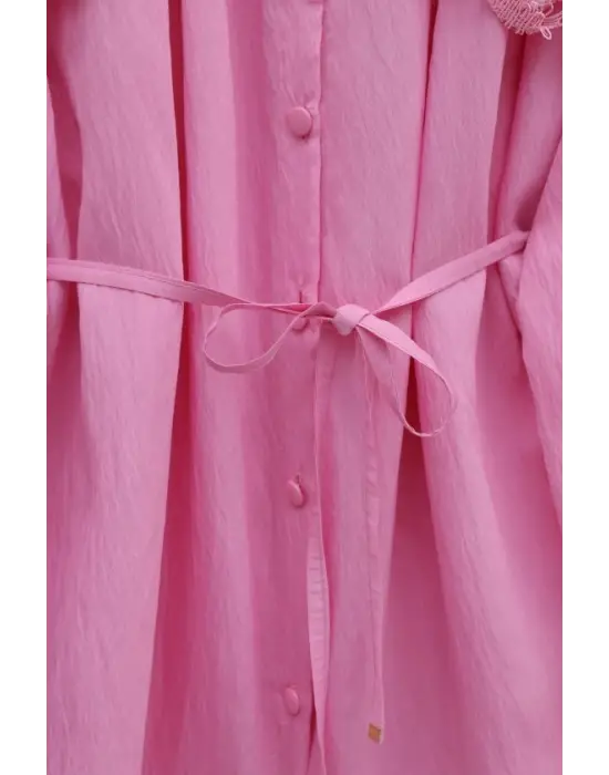 Bebe Yaka Fistolu Beli Bağcıklı Modal Tunik -Pembe