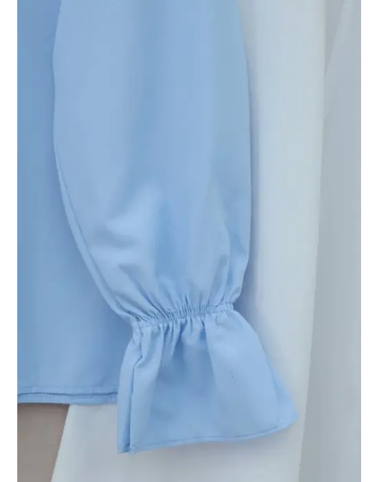 Bebe Yaka Fistolu Kolu Lastikli Poplin Gömlek Bluz -Bebe Mavi