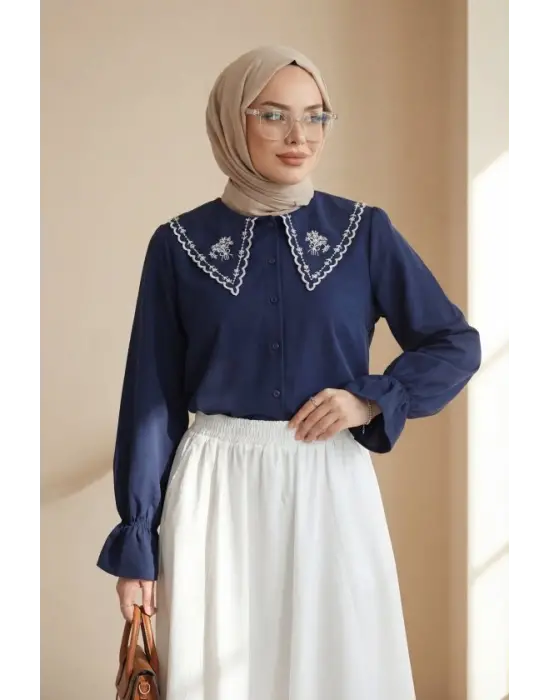 Bebe Yaka Fistolu Kolu Lastikli Poplin Gömlek Bluz -Laci