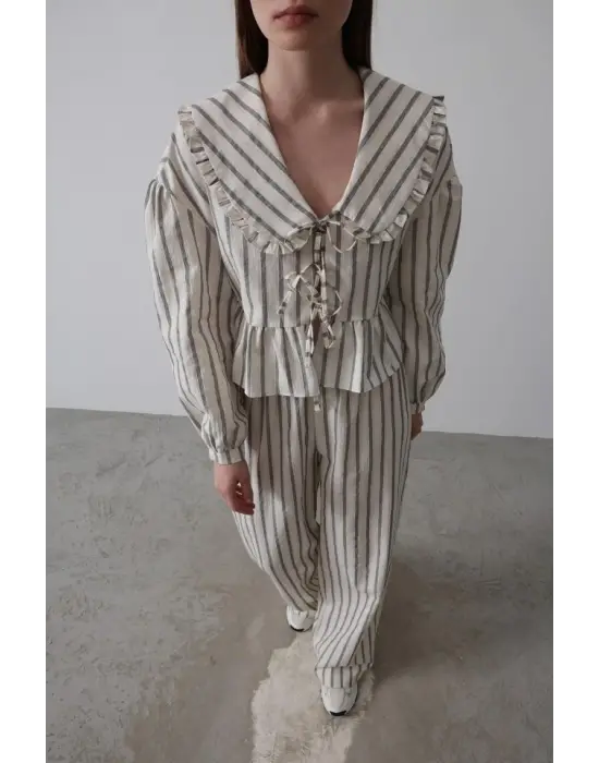 Bebe Yakalı Önü Bağlamalı Takım - Natür