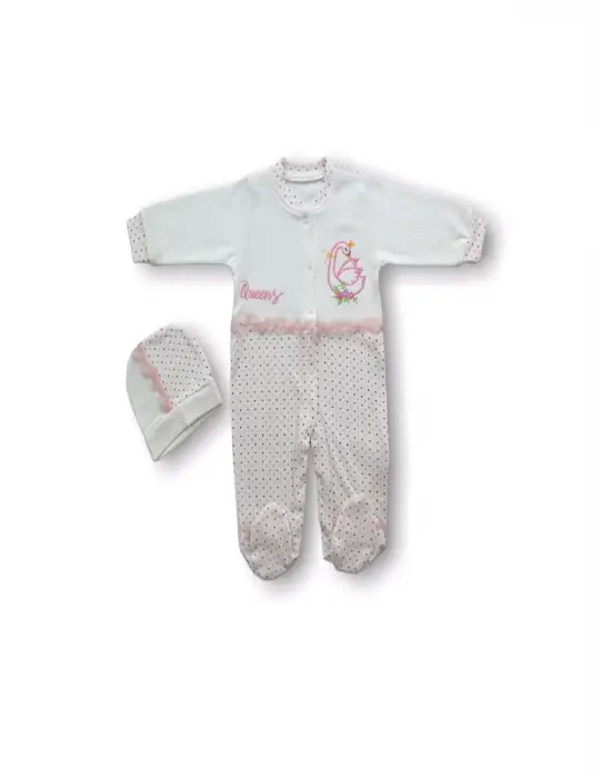 Omarı Kraliçe Kuğu Nakışlı Bebek Tulumu Ekru