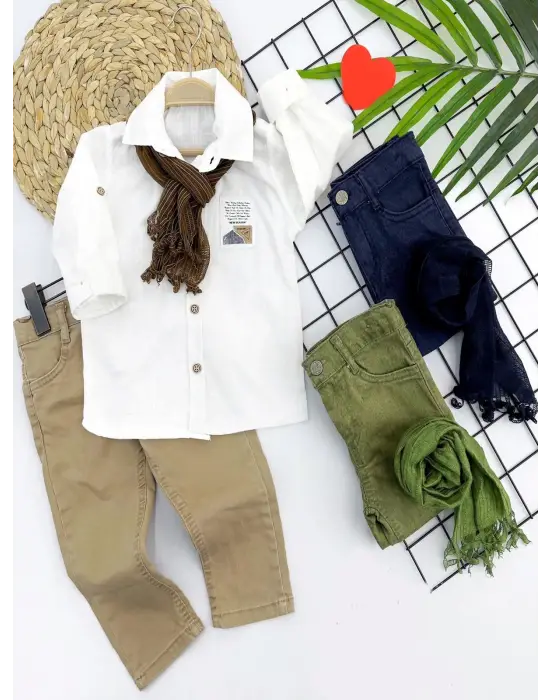 Omarı Pamuk Keten Gömlekli Pantolonlu 3lü Erkek Bebek Takımı