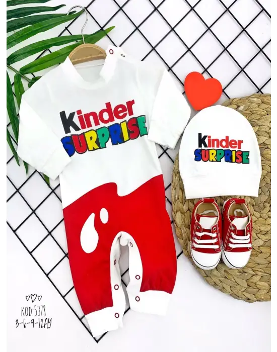 Omarı Bebek Tulumu Ekru Çıtçıt Kapamalı Kinder Surprise Desenli 2li