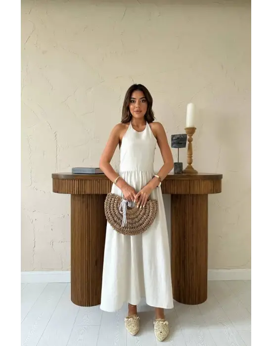 Omarı Keten Elbise Bej Arkalı ve Gipeli