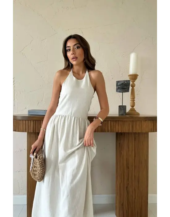 Bej Arkası Gipeli Keten Elbise