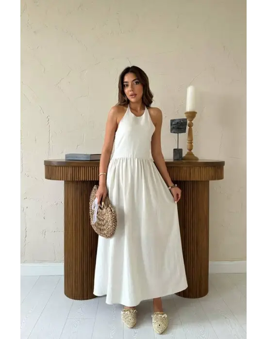 Bej Arkası Gipeli Keten Elbise